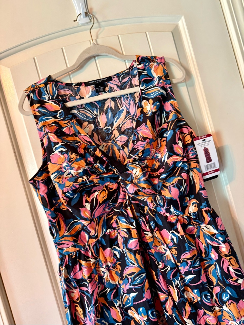 French Connection Navy Floral Twist-Front Midi Dress POCKETS NWT 100% COTTON